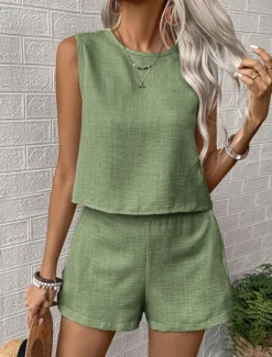 Women's Fashion Daily Linen-Inspired Sets Two Piece Sets Tank Top Baggy Shorts Sleeveless Crew Neck Plain Casual Daily Black Royal Blue Orange Summer Regular Fit