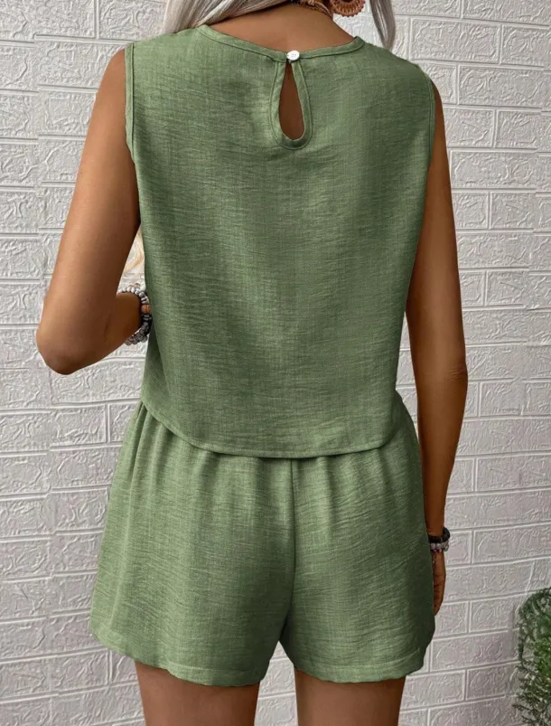 Women's Fashion Daily Linen-Inspired Sets Two Piece Sets Tank Top Baggy Shorts Sleeveless Crew Neck Plain Casual Daily Black Royal Blue Orange Summer Regular Fit