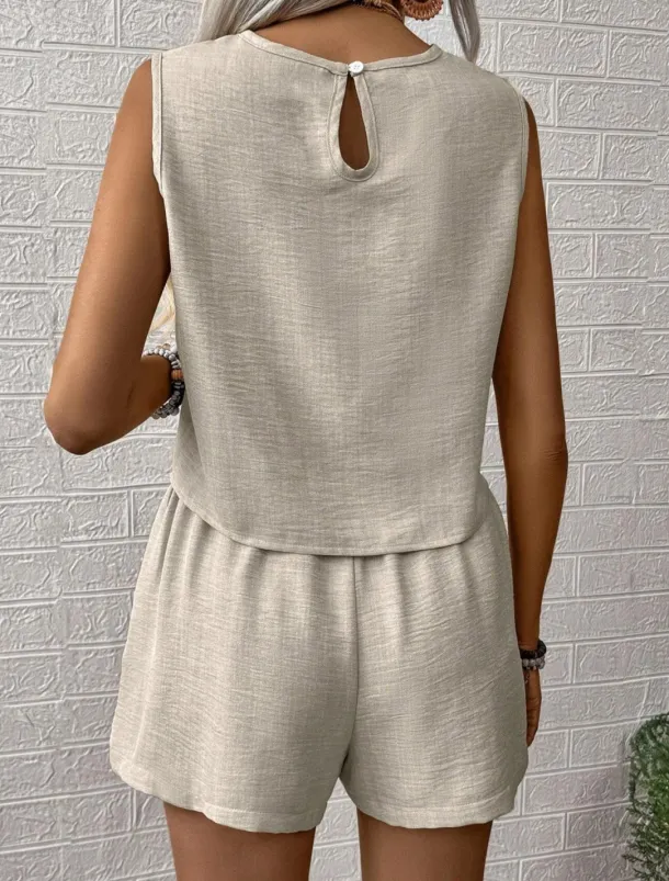 Women's Fashion Daily Linen-Inspired Sets Two Piece Sets Tank Top Baggy Shorts Sleeveless Crew Neck Plain Casual Daily Black Royal Blue Orange Summer Regular Fit