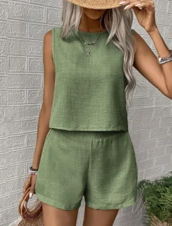 Women's Fashion Daily Linen-Inspired Sets Two Piece Sets Tank Top Baggy Shorts Sleeveless Crew Neck Plain Casual Daily Black Royal Blue Orange Summer Regular Fit