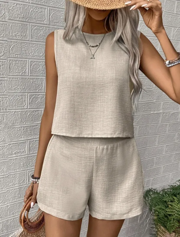 Women's Fashion Daily Linen-Inspired Sets Two Piece Sets Tank Top Baggy Shorts Sleeveless Crew Neck Plain Casual Daily Black Royal Blue Orange Summer Regular Fit