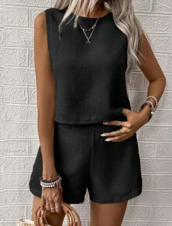 Women's Fashion Daily Linen-Inspired Sets Two Piece Sets Tank Top Baggy Shorts Sleeveless Crew Neck Plain Casual Daily Black Royal Blue Orange Summer Regular Fit