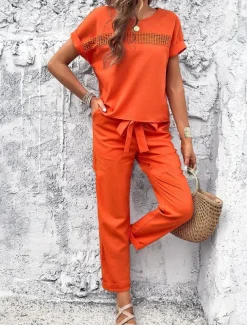 Women's Fashion Shirt Linen-Inspired Sets Two Piece Sets Pants Trousers Short Sleeve Round Neck Solid Color Drawstring Casual Daily Black Orange Green Spring & Summer Regular Fit