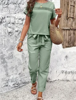 Women's Fashion Shirt Linen-Inspired Sets Two Piece Sets Pants Trousers Short Sleeve Round Neck Solid Color Drawstring Casual Daily Black Orange Green Spring & Summer Regular Fit
