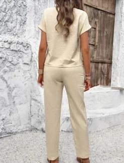 Women's Fashion Shirt Linen-Inspired Sets Two Piece Sets Pants Trousers Short Sleeve Round Neck Solid Color Drawstring Casual Daily Black Orange Green Spring & Summer Regular Fit