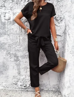 Women's Fashion Shirt Linen-Inspired Sets Two Piece Sets Pants Trousers Short Sleeve Round Neck Solid Color Drawstring Casual Daily Black Orange Green Spring & Summer Regular Fit