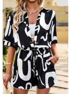 Women's Fashion Shirt Shorts Sets Short Sleeve Shirt Collar Geometric Drawstring Going out Casual Daily Black White Khaki Summer Regular Fit