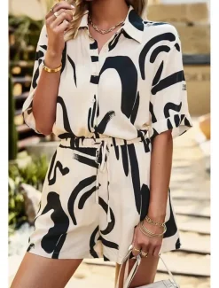 Women's Fashion Shirt Shorts Sets Short Sleeve Shirt Collar Geometric Drawstring Going out Casual Daily Black White Khaki Summer Regular Fit