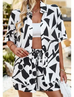 Women's Fashion Shirt Shorts Sets Short Sleeve Shirt Collar Geometric Drawstring Going out Casual Daily Black White Khaki Summer Regular Fit
