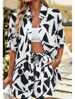 Women's Fashion Shirt Shorts Sets Short Sleeve Shirt Collar Geometric Drawstring Going out Casual Daily Black White Khaki Summer Regular Fit
