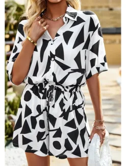 Women's Fashion Shirt Shorts Sets Short Sleeve Shirt Collar Geometric Drawstring Going out Casual Daily Black White Khaki Summer Regular Fit