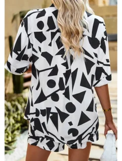 Women's Fashion Shirt Shorts Sets Short Sleeve Shirt Collar Geometric Drawstring Going out Casual Daily Black White Khaki Summer Regular Fit