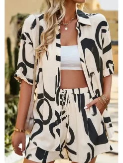 Women's Fashion Shirt Shorts Sets Short Sleeve Shirt Collar Geometric Drawstring Going out Casual Daily Black White Khaki Summer Regular Fit