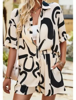Women's Fashion Shirt Shorts Sets Short Sleeve Shirt Collar Geometric Drawstring Going out Casual Daily Black White Khaki Summer Regular Fit