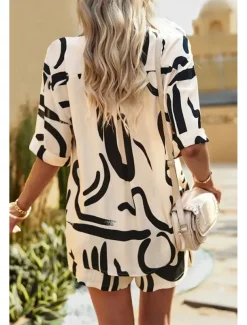 Women's Fashion Shirt Shorts Sets Short Sleeve Shirt Collar Geometric Drawstring Going out Casual Daily Black White Khaki Summer Regular Fit