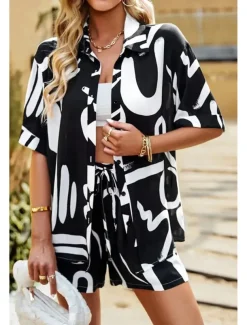 Women's Fashion Shirt Shorts Sets Short Sleeve Shirt Collar Geometric Drawstring Going out Casual Daily Black White Khaki Summer Regular Fit