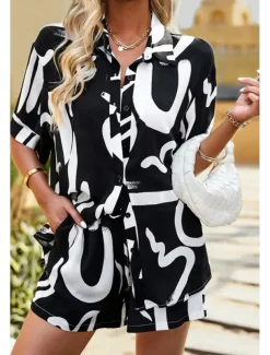Women's Fashion Shirt Shorts Sets Short Sleeve Shirt Collar Geometric Drawstring Going out Casual Daily Black White Khaki Summer Regular Fit