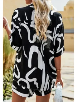 Women's Fashion Shirt Shorts Sets Short Sleeve Shirt Collar Geometric Drawstring Going out Casual Daily Black White Khaki Summer Regular Fit