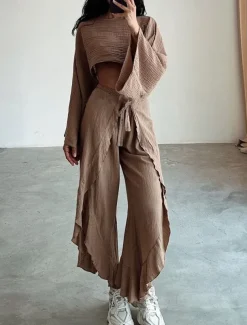 Women's Fashion Shirt Two Piece Sets Pants Sets Pants Trousers Long Sleeve Round Neck Plain Ruffle Split Holiday Weekend Black Brown Beige Spring & Summer Regular Fit