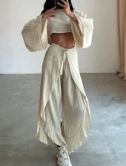 Women's Fashion Shirt Two Piece Sets Pants Sets Pants Trousers Long Sleeve Round Neck Plain Ruffle Split Holiday Weekend Black Brown Beige Spring & Summer Regular Fit