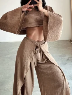 Women's Fashion Shirt Two Piece Sets Pants Sets Pants Trousers Long Sleeve Round Neck Plain Ruffle Split Holiday Weekend Black Brown Beige Spring & Summer Regular Fit