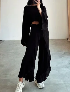 Women's Fashion Shirt Two Piece Sets Pants Sets Pants Trousers Long Sleeve Round Neck Plain Ruffle Split Holiday Weekend Black Brown Beige Spring & Summer Regular Fit