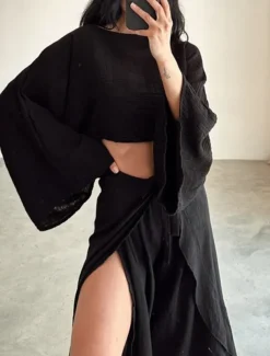 Women's Fashion Shirt Two Piece Sets Pants Sets Pants Trousers Long Sleeve Round Neck Plain Ruffle Split Holiday Weekend Black Brown Beige Spring & Summer Regular Fit