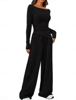 Women's Fashion Streetwear Daily Pants Sets Long Sleeve Crew Neck Plain Casual Daily Black Red Dark Green Summer Regular Fit