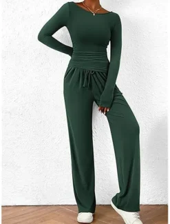 Women's Fashion Streetwear Daily Pants Sets Long Sleeve Crew Neck Plain Casual Daily Black Red Dark Green Summer Regular Fit
