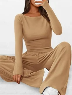 Women's Fashion Streetwear Daily Pants Sets Long Sleeve Crew Neck Plain Casual Daily Black Red Dark Green Summer Regular Fit