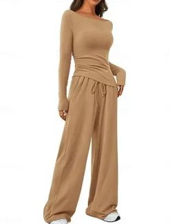 Women's Fashion Streetwear Daily Pants Sets Long Sleeve Crew Neck Plain Casual Daily Black Red Dark Green Summer Regular Fit