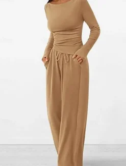 Women's Fashion Streetwear Daily Pants Sets Long Sleeve Crew Neck Plain Casual Daily Black Red Dark Green Summer Regular Fit