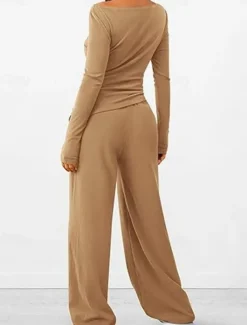 Women's Fashion Streetwear Daily Pants Sets Long Sleeve Crew Neck Plain Casual Daily Black Red Dark Green Summer Regular Fit