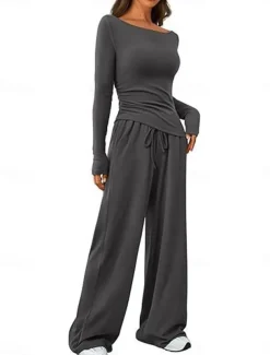 Women's Fashion Streetwear Daily Pants Sets Long Sleeve Crew Neck Plain Casual Daily Black Red Dark Green Summer Regular Fit