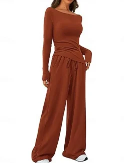 Women's Fashion Streetwear Daily Pants Sets Long Sleeve Crew Neck Plain Casual Daily Black Red Dark Green Summer Regular Fit