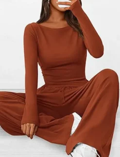 Women's Fashion Streetwear Daily Pants Sets Long Sleeve Crew Neck Plain Casual Daily Black Red Dark Green Summer Regular Fit