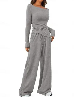 Women's Fashion Streetwear Daily Pants Sets Long Sleeve Crew Neck Plain Casual Daily Black Red Dark Green Summer Regular Fit