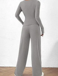 Women's Fashion Streetwear Daily Pants Sets Long Sleeve Crew Neck Plain Casual Daily Black Red Dark Green Summer Regular Fit