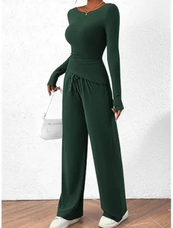 Women's Fashion Streetwear Daily Pants Sets Long Sleeve Crew Neck Plain Casual Daily Black Red Dark Green Summer Regular Fit