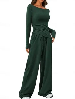 Women's Fashion Streetwear Daily Pants Sets Long Sleeve Crew Neck Plain Casual Daily Black Red Dark Green Summer Regular Fit