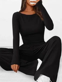 Women's Fashion Streetwear Daily Pants Sets Long Sleeve Crew Neck Plain Casual Daily Black Red Dark Green Summer Regular Fit