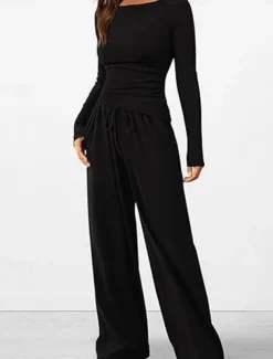 Women's Fashion Streetwear Daily Pants Sets Long Sleeve Crew Neck Plain Casual Daily Black Red Dark Green Summer Regular Fit