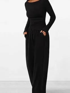 Women's Fashion Streetwear Daily Pants Sets Long Sleeve Crew Neck Plain Casual Daily Black Red Dark Green Summer Regular Fit