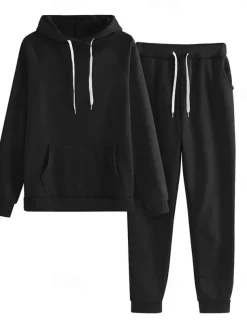 Women's Fashion Streetwear Daily Pants Sets Long Sleeve Hooded Solid Color Casual Daily Black Pink Red Summer Regular Fit