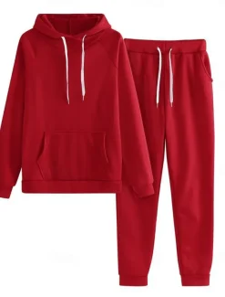 Women's Fashion Streetwear Daily Pants Sets Long Sleeve Hooded Solid Color Casual Daily Black Pink Red Summer Regular Fit