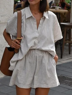 Women's Fashion Streetwear Daily Shorts Sets Short Sleeve Shirt Collar Striped Print Casual Daily Khaki Summer Regular Fit
