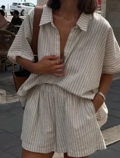 Women's Fashion Streetwear Daily Shorts Sets Short Sleeve Shirt Collar Striped Print Casual Daily Khaki Summer Regular Fit