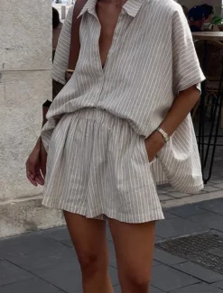Women's Fashion Streetwear Daily Shorts Sets Short Sleeve Shirt Collar Striped Print Casual Daily Khaki Summer Regular Fit