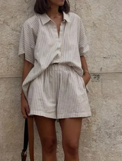 Women's Fashion Streetwear Daily Shorts Sets Short Sleeve Shirt Collar Striped Print Casual Daily Khaki Summer Regular Fit