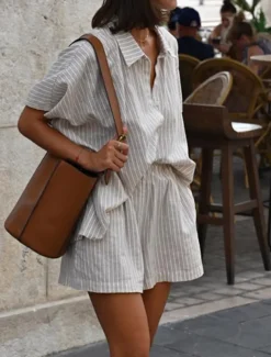 Women's Fashion Streetwear Daily Shorts Sets Short Sleeve Shirt Collar Striped Print Casual Daily Khaki Summer Regular Fit